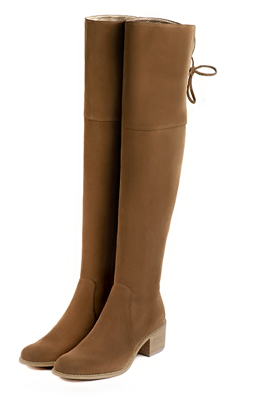 Caramel brown women's leather thigh-high boots. Round toe. Low leather soles. Made to measure. Front view - Florence KOOIJMAN